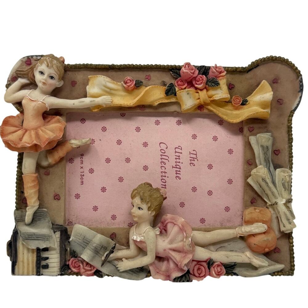 Vintage 90s Ballerina Cherub Resin Picture Frame Pink Floral 3.5x5